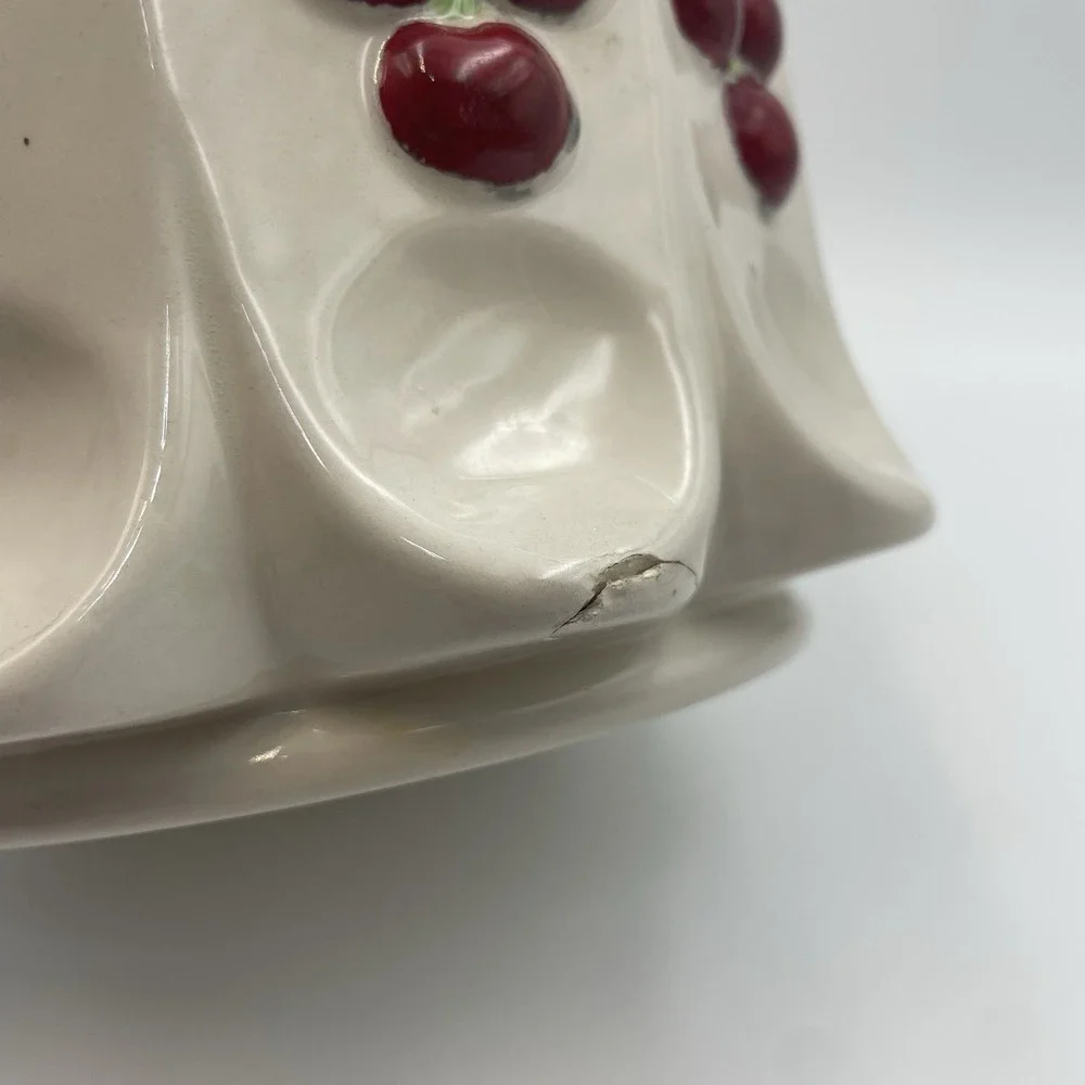 Vintage Hand‎ painted White Ceramic Cookie Jar With Lid -Red Cherries Thumbprint